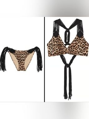 M/M VS Archives Swim Macrame Fringe Bralette Cheeky Bikini Set Leopard